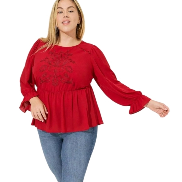 Torrid jester red embroidered georgette peplum long sleeve blouse 28 - Picture 3 of 12